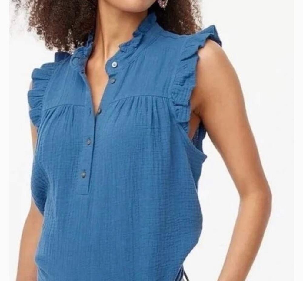 J. Crew Plus Gauze Smocked Ruffleneck Top Deep Blue Size XXL